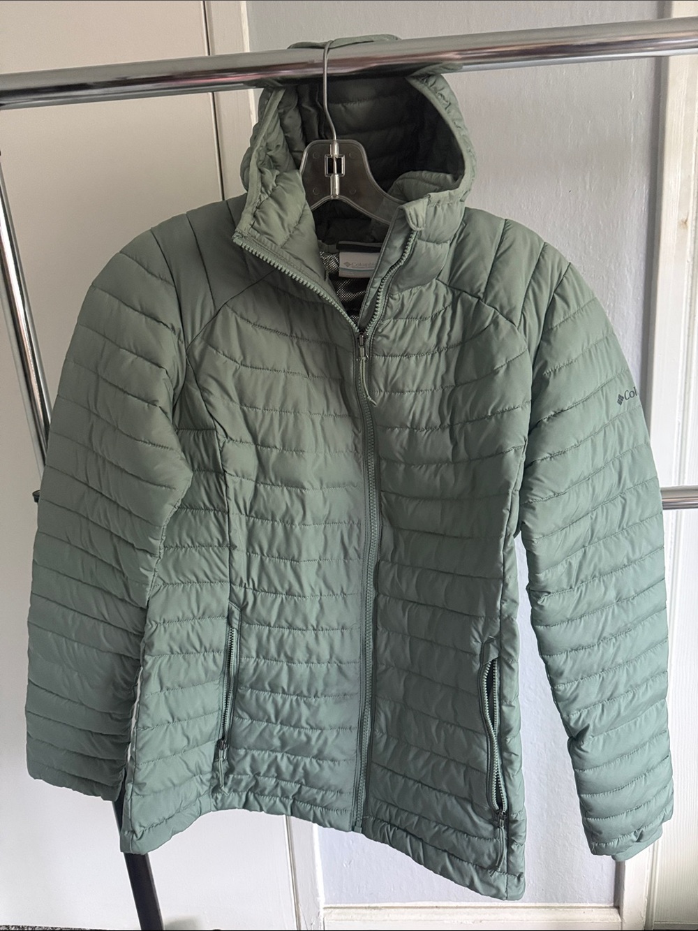 Columbia Light Sage Green Quilted Hooded Puffer Jacket